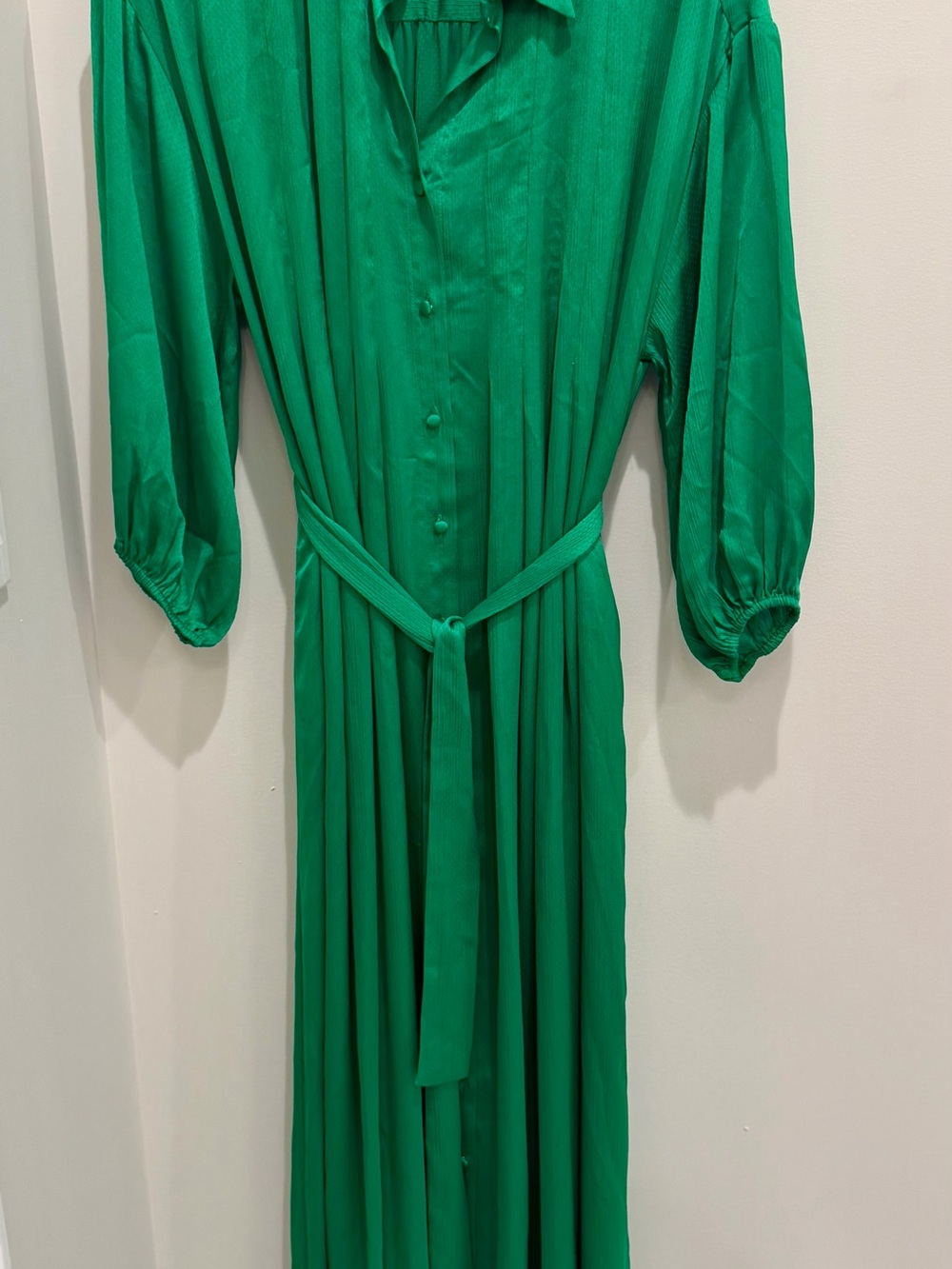 MISA Los Angeles Elise Kelly Green Pleated Chiffon Maxi Shirt Dress S